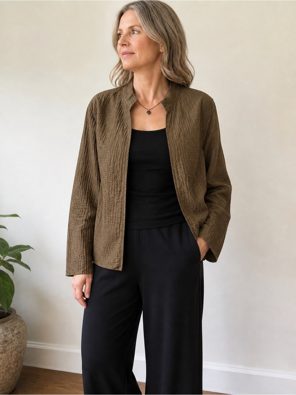 Eileen Fisher Silk Blend Textured Open Jacket Brown Lightweight Women’s M